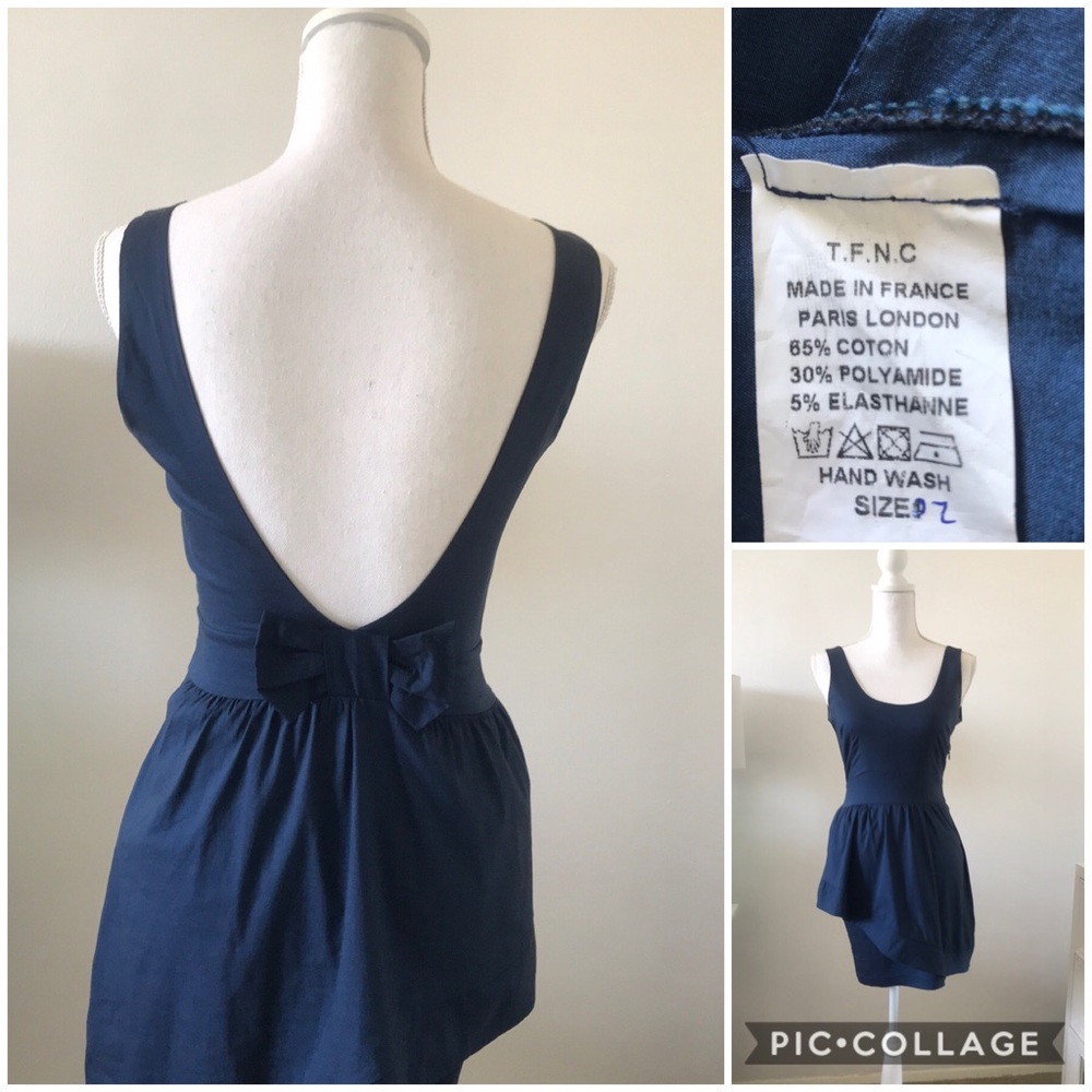 Navy linen low back dress with bow